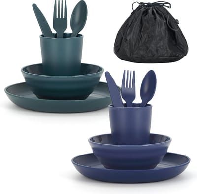 Famanu – Kampeerset voor 2 personen met kom, bord, beker, lepel, vork, mes en draagtas, plastic kampeeraccessoires voor buiten en picknick