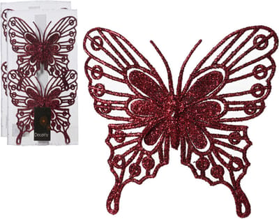 Decoris kerstboom decoratie vlinders op clip - 4x - donkerrood - 13 cm