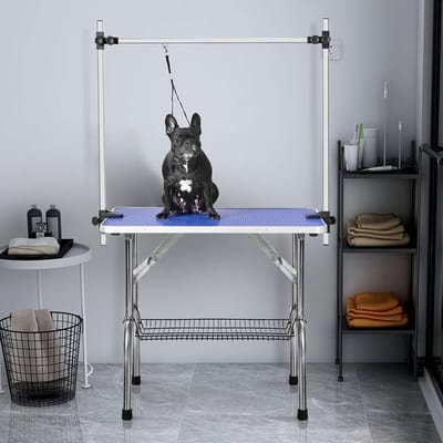 Pugsdrly Professionele opvouwbare tafel voor de verzorging van honden en huisdieren, verstelbare arm, zeer stevig, draagbare arm en riem, netblad en rubberen mat, BLAUW