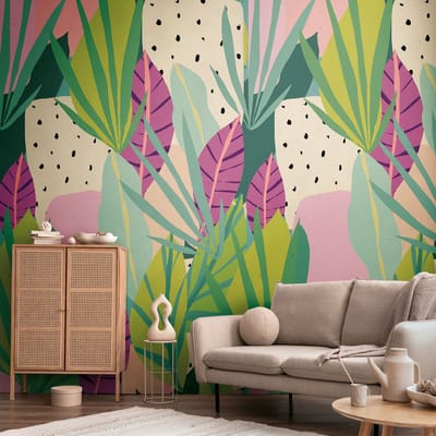 LEVENDIG BLADMOTIEF FOTOBEHANG | Fel & Kleurrijk - Meerkleurig Groen Pink Roze Creme - A.S. Création Anna D'Andrea