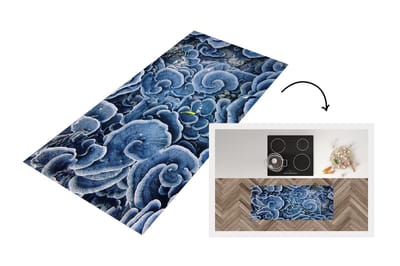 Keukenloper - Loper keuken - Bovenaanzicht van een gele vis die bij blauw koraal zwemt - 120x50 cm - Keukenloper vinyl