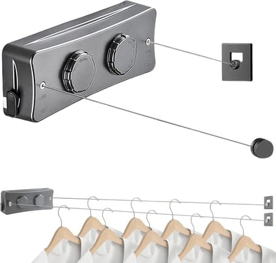 Uittrekbare waslijn, 2 x 5,1 m roestvrijstalen touwen, uittrekbare waslijn aan de muur, waslijn, uittrekbare muur voor balkon, wasruimte, hotel, badkamer, slaapkamer (twee lijnen grijs)