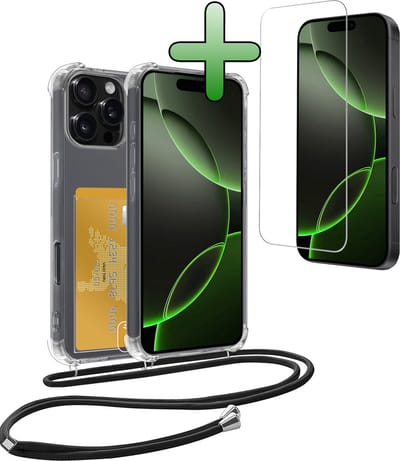 Hoes Geschikt voor iPhone 16 Pro Hoesje Pas Houder Shock Proof Case Hoes Met Koord Met Screenprotector - Hoesje Geschikt voor iPhone 16 Pro Hoes Met Telefoonkoord Pasjeshouder Cover - Transparant