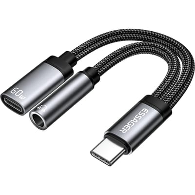 Essager USB-C naar USB-C + 3.5mm Adapter Kabel met 60W Oplader Zwart
