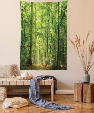 ABAKUHAUS Boswandtapijt, Loofbos Zomer, Woonkamer Slaapkamer Wanddoek Zijdezacht Satijn Wandtapijt, 100 x 150 cm, Groen