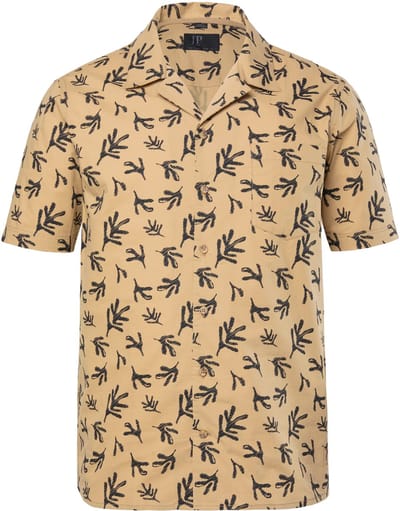 JP 1880 - Heren - overhemd korte mouw Cubaanse kraag all-over print Cuba fit - Kameel - Maat 3XL