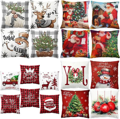 Kussenhoes Set - Decoratieve Kussens - Feestelijke Decoratie - Linnen Katoen Mix - 45x45cm - Kerstprint