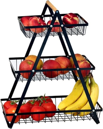 Famanu – Fruitetagère 3 verdiepingen – grote metalen fruitmand (zwart)