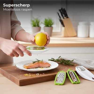 Lomera Magische Rasp - Rasp - Keukenrasp - Handrasp - Groenterasp - Kaasrasp - Groentesnijder - Rasp Set - Verwisselbare Rasp - Rasp met Opzetstukken - 4 in 1 Rasp - Multi Rasp