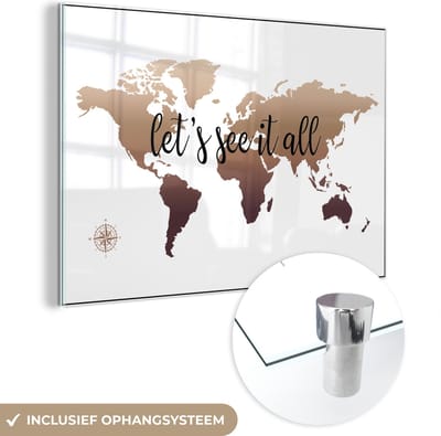® Glasschilderij 150x100 cm - Schilderij acrylglas - Wereldkaart - Bruin - Kompas - Foto op glas - Muurdecoratie woonkamer - Wanddecoratie slaapkamer - Schilderijen