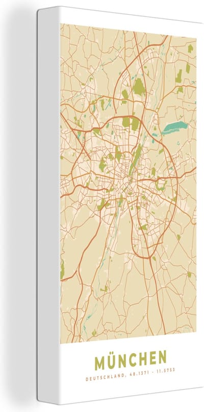 Canvas Schilderij München - Plattegrond - Kaart - Vintage - Stadskaart - 20x40 cm - Wanddecoratie