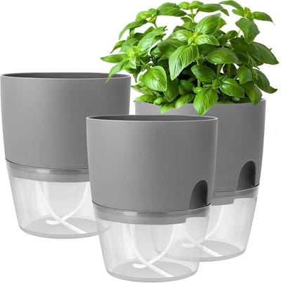 GELLDG 3 stuks plantenpotjes - Keukenkruidenpotjes - Zelfwaterend - Vensterbankpotjes - 18,2 x 11 x 15,3 cm - Geschikt voor peterselie en bieslook - Grijs
