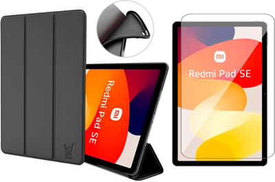 Hoes en Screenprotector geschikt voor Xiaomi Redmi SE 11 inch – Smart Cover met Tri-Fold Stand – Schokbestendig – Auto Wake/Sleep – TPU Backcase – Zwart