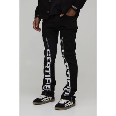 Slim Stacked Flare Zip Gusset Print Trouser | Black | Size 44
