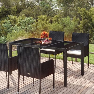 Tuintafel Glasplaat - Buitenmeubel Tafel - Terras Ontspanning - Duurzaam Polyrotan - 150 x 90 cm - Zwart