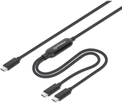 Manhattan Dubbele USB-C naar USB-C oplaadkabel, 100W, 2 m, 1x USB-C naar 2x USB-C, slimme power-splitter, tot 100W enkel of 70W + 28W, gevlochten mantel, aluminium connectoren, zwart, 3 jaar garantie