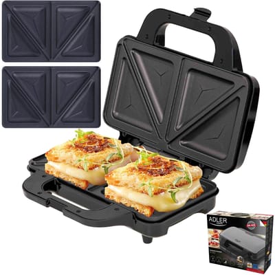 Adler XXL Sandwich-broodrooster 1300 W, antiaanbaklaag, grote platen, veilig, zilvergrijs, 4 sandwiches