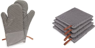 CH&F silicon dots Graphite set van 6 stuks | 2 ovenwanten en 4 pannenlappen grijs | 100% katoen met siliconen dots