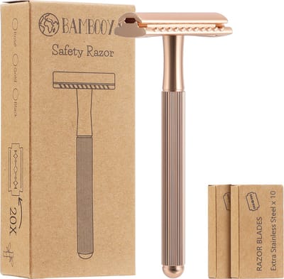 Bambooya Safety Razor met extra lang handvat + 20 scheermesjes - Scheermesjes voor vrouwen dames - Gold - Double Edge Single Blade - Zero Waste scheren | Duurzaam Scheermesje