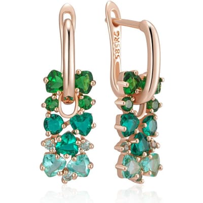 Glanzende groene oorbellen met natuurlijke zirkonia voor dames, trendy roségouden kleur, geschikt als bruidssieraad of als prachtig geschenk met kristallen. beige