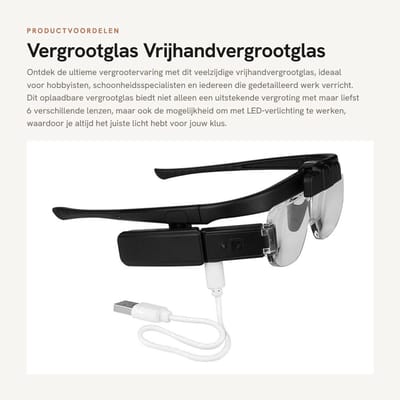 Dailygoods - Vergrootglas - Vrijhandvergrootglas - Oplaadbaar met LED-licht - Zwart - 6 Verstelbare Lenzen - Geschikt voor Lezen en Reparatie