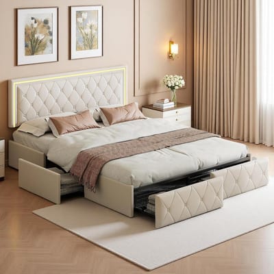 Gestoffeerd Bed - Opbergbed Jeugdbed - Slaapkamer Inrichten - Met LED Hoofdeinde - 140x200 cm - Beige