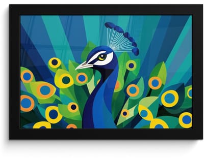Poster in lijst - Fotolijst 30x20 cm - Posters - Pauw - Cirkels - Blauw - Posterlijst zwart - Decoratie - Wanddecoratie woonkamer - Muurdecoratie slaapkamer