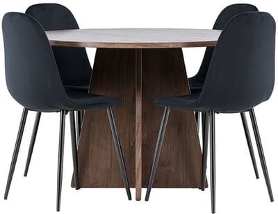Bootcut eethoek tafel Ø110cm en 4 velours stoelen mocca.
