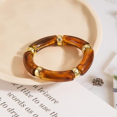 Persoonlijkheid Retro Meerkleurig Acryl Gebogen Armband voor Vrouwen Bedel Gebogen Bamboe Pijp Steenpatroon Armband Sieraden Accessoire Cadeau beige