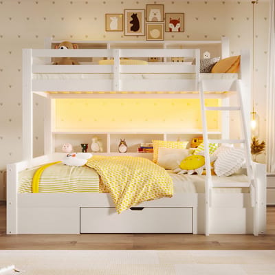 OKWISH Stapelbed 90x200cm + 140x200cm - Met Ledverlichting En Opbergruimte - Flexibele Ladder - Zonder Matras - Hout - Wit