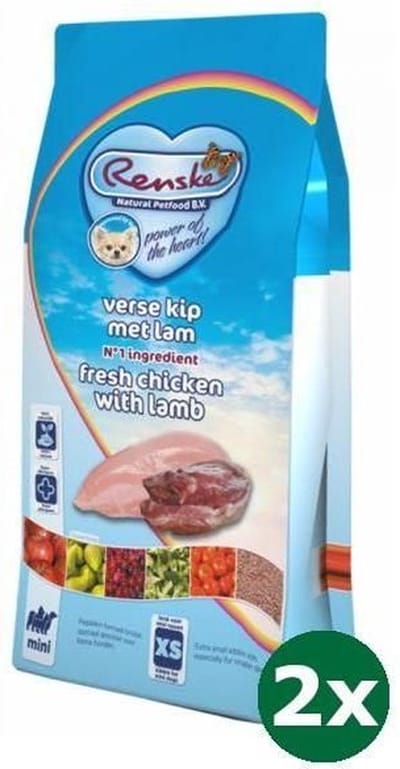 2x2 kg Renske mighty omega plus junior/adult lam/rijst hondenvoer