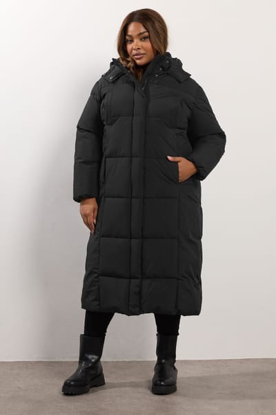 Yours Zwarte Midaxi Gewatteerde Jas Size 42
