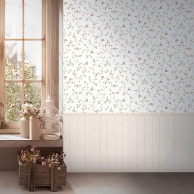 Fotobehang Profhome 398051-GU vliesbehang hardvinyl warmdruk in reliëf licht gestructureerd met bloemen patroon mat crème crèmewit roze groen 1,59 m x 2,8 m