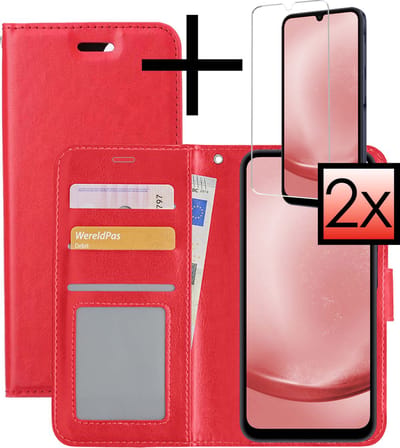 Hoesje - Met 2x Screenprotector - Geschikt voor Samsung Galaxy A25 - Luxe Pasjeshouder - Bookcase Portemonee - Flip Case - Kunstleer Book Case - Flipcase Hoes - Book Cover - Walletcase - Portemonneehoes - Rood