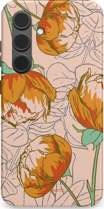 Casetastic hoesje geschikt voor Samsung Galaxy S24 - Dubbellaagse bescherming - Lente pioenroos - Fashion Case - Zand Zilver Okergeel Terracotta