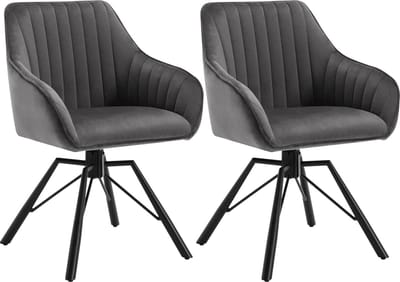 BukkitBow - Moderne Eetkamerstoelen Velvet / Fluweel - Met rugleuning en Armleuning met Strepen Patroon en 360 Graden Draaibaar - Set van 2 Stuks - Donker Grijs