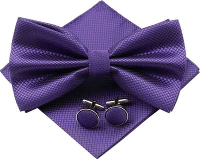 Fako Fashion - Vlinderstrik, Pochette & Manchetknopen - Kleine Ruit - Vlinderdas - Strikje - Pochet - Donkerpaars