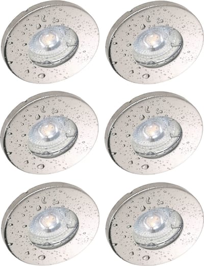 Trango Set van 6 IP65 inbouwspots 6729IP65-068M6KSD in chroomlook incl. 6x 5 W 3-traps dimbaar 6000K koel wit Ultra platte LED module, buiten, badkamer plafondspot, douche plafondlamp