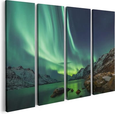 Artaza Canvas Schilderij Vierluik Noorderlicht boven het Water in de Bergen - 80x60 - Foto Op Canvas - Canvas Print
