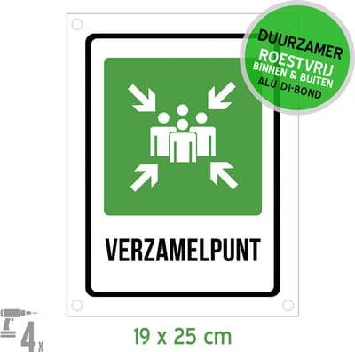 Pictogram/ bord Dibond + boorgaten | "Verzamelpunt" | 19 x 25 cm | Nederlands | Verzamelplaats | Brand | Noodgeval | Calamiteit | Duurzaam | Roestvrij | 1 stuk