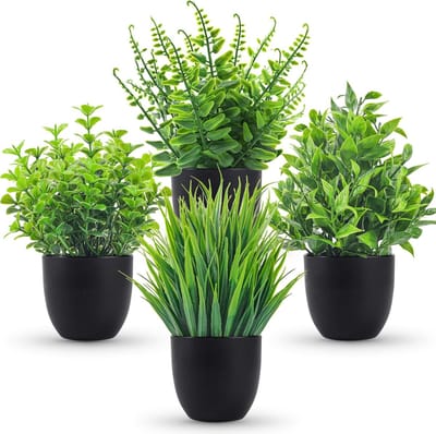 4-delige set - Kunstplanten - Kleine kunstplanten - Kunstplanten - Badkameraccessoires - Geschikt voor badkamers, keukens, salontafels en bureaudecoratie - Zwart