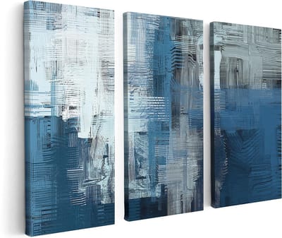 Artaza Canvas Schilderij Drieluik Abstracte Kunst - Blauw Witte Penseelstreken - 120x80 cm - Wanddecoratie Woonkamer - Schilderijen - Muurdecoratie