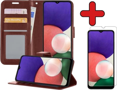 Hoesje - Met Screenprotector - Geschikt voor Samsung Galaxy A22 4G - Luxe Pasjeshouder - Flipcase - Bookcase Portemonee - Flip Case - Kunstleer Book Case - Book Cover - Walletcase - Portemonneehoes - Telefoonhoes - Bruin