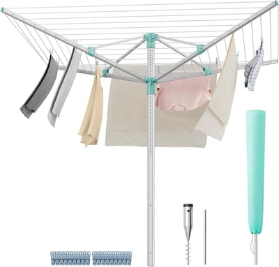 Furnstar Droogrek in hoogte verstelbaar 50 m waslijn voor 5 wasmachineladingen outdoor tuin met bodemhuls wasknijpers zilver-groen LLR301E01