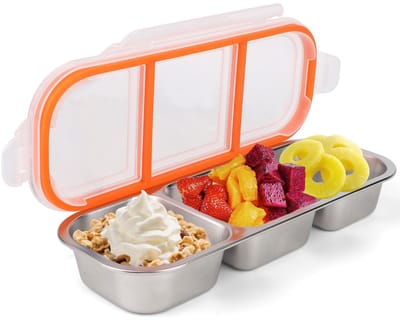Dailygoods- Snackcontainer Roestvrij Staal - Herbruikbare Voedselcontainer - 3 Compartimenten - 26,5 x 10,5 x 5 cm - Ideaal voor School/Kantoor - Lekvrije Snackdoos - Lunchbox