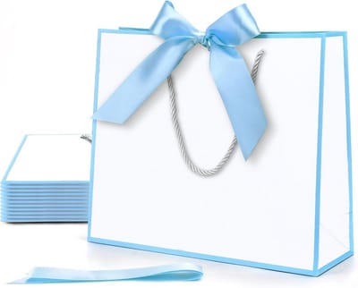 Geschenkzakken met handgrepen - Verpakkingstasjes - Feestelijke gelegenheden - Inclusief striklint - Medium formaat - Wit lichtblauw