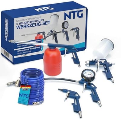 Perslucht gereedschap accessoires set 5-delig - compressor set met spiraalslang, bandenspanningspistool, blaaspistool, verfspuitpistool en reinigingspistool