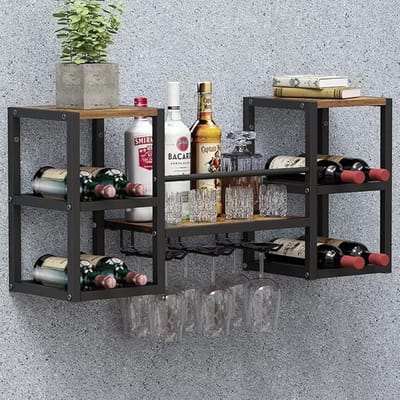 Industrieel wijnrek voor aan de muur met 3 stoomglazenhouders, gedeeltelijk houten plank, zwart metalen flessenhouder, multifunctioneel wijndisplay voor thuisbar, eetkamer, keuken