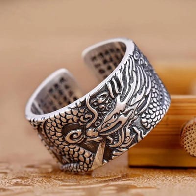 Klassieke Retro Heer Openende Brede Ring Hartmeridiaan Geslepen Pan Draak Herenringen Dominerende Banket Sieraden resizable gray