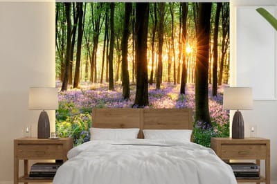 Behang - Fotobehang Bos - Bloemen - Lavendel - Zon - Paars - Natuur - Breedte 220 cm x hoogte 220 cm
